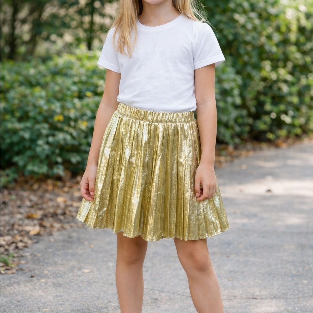 Girls' Shimmery Gold Pleated Skirt with Elastic Waist